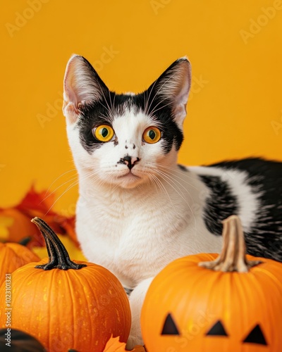 White spotted cat resting among Halloween pumpkins on orange background with studio lighting and copy space