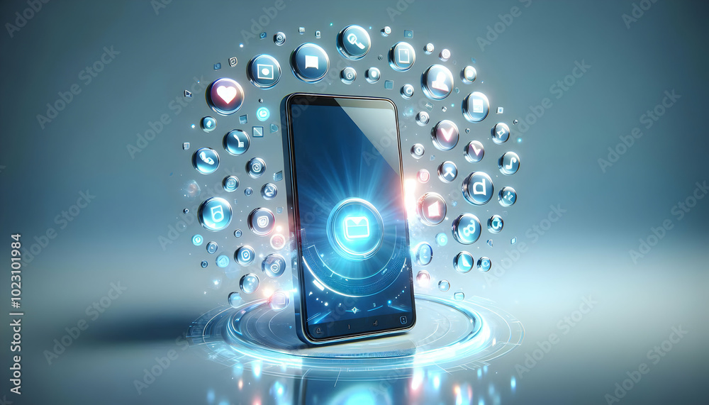 3D Holographic Smartphone with Floating App Icons in a Modern Futuristic Atmosphere � Glossy Design with Copy Space for Text and Branding (Isolated on White Background) 3D Holographic Smartphone with Floating App Icons in a Modern Futuristic Atmosphere � Glossy Design with Copy Space for Text and Branding (Isolated on White Background)
