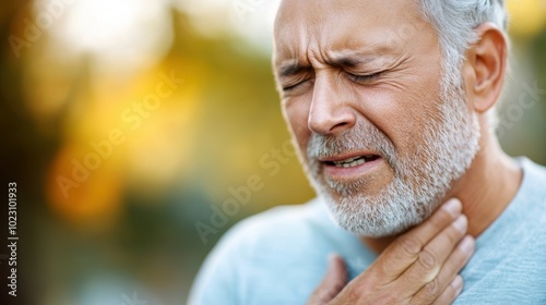 An elderly man appears to be experiencing throat pain, evident from his expression and hand placed on his throat, surrounded by a blurred autumn backdrop.