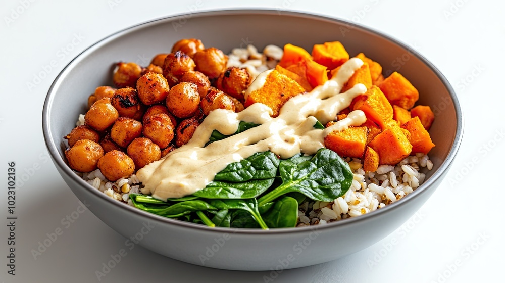 A vibrant bowl of nutritious grains topped with roasted chickpeas, sweet potato, spinach, and a creamy dressing. A vibrant bowl of nutritious grains topped with roasted chickpeas, sweet potato, spinach, and a creamy dressing.