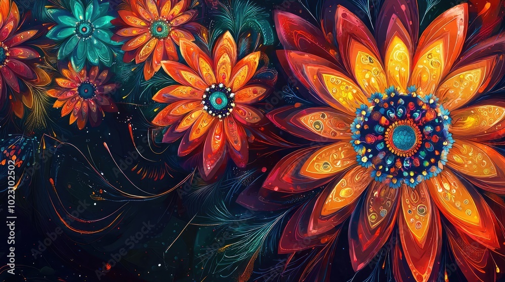 Vibrant abstract flowers bloom with intricate patterns and rich colors, creating a stunning visual experience on a dark background. Vibrant abstract flowers bloom with intricate patterns and rich colors, creating a stunning visual experience on a dark background.