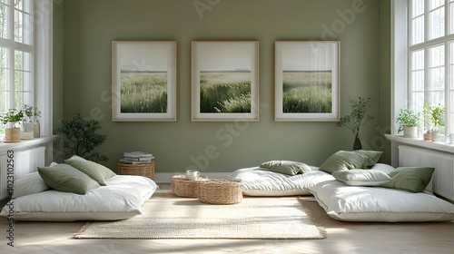 Cozy, serene interior with cushions and nature-inspired art.