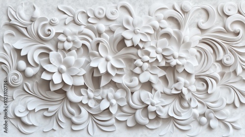 Intricate white floral pattern with layered paper art design featuring flowers and swirling decorative elements against a textured background.