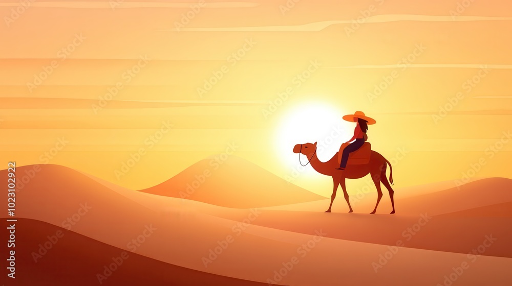 A lone silhouette riding a camel against a vibrant desert sunset, embodying adventure, solitude, and a sense of timeless exploration through vast, endless landscapes. A lone silhouette riding a camel against a vibrant desert sunset, embodying adventure, solitude, and a sense of timeless exploration through vast, endless landscapes.