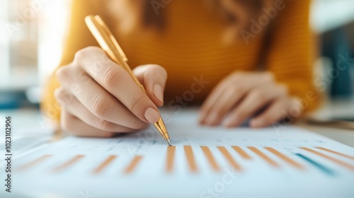 A close-up shot of a hand poised with a gold pen transcribing data onto a document, emphasizing focus and precision in a modern analytical setting.