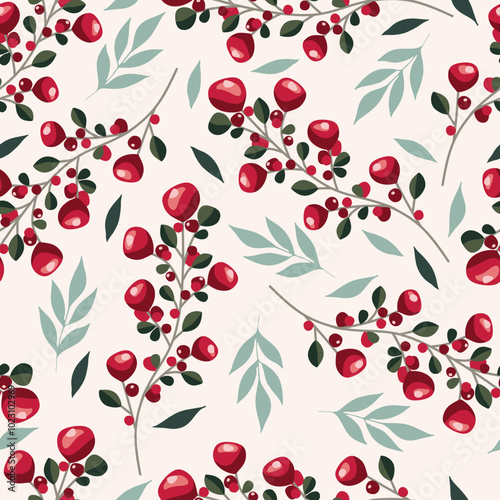 Merry Christmas, Happy New Year seamless pattern with leaves and berries for greeting cards, wrapping papers. Seamless winter pattern. Vector illustration.