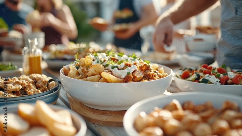 A hearty dish topped with sour cream and greens takes center stage on a buffet table, surrounded by a diverse variety of dishes at a lively summer gathering. A hearty dish topped with sour cream and greens takes center stage on a buffet table, surrounded by a diverse variety of dishes at a lively summer gathering.