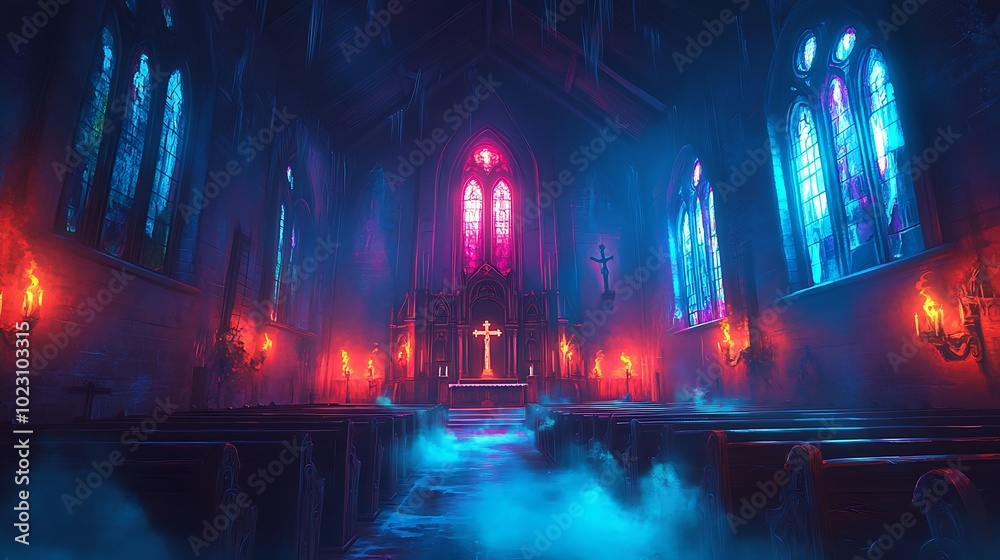 A haunted cartoon-style church with tall, cracked stained-glass windows and flickering candles illuminating the dark interior. Ghostly spirits float through the empty pews and around the altar, A haunted cartoon-style church with tall, cracked stained-glass windows and flickering candles illuminating the dark interior. Ghostly spirits float through the empty pews and around the altar,