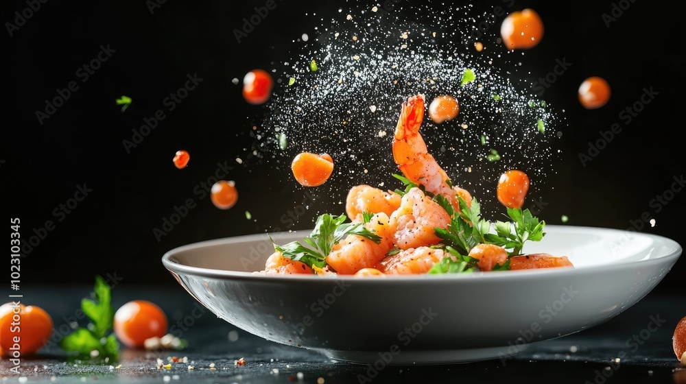 A vibrant dish featuring shrimp with herbs and spices, showcasing dynamic food presentation that captures the art of cooking. A vibrant dish featuring shrimp with herbs and spices, showcasing dynamic food presentation that captures the art of cooking.