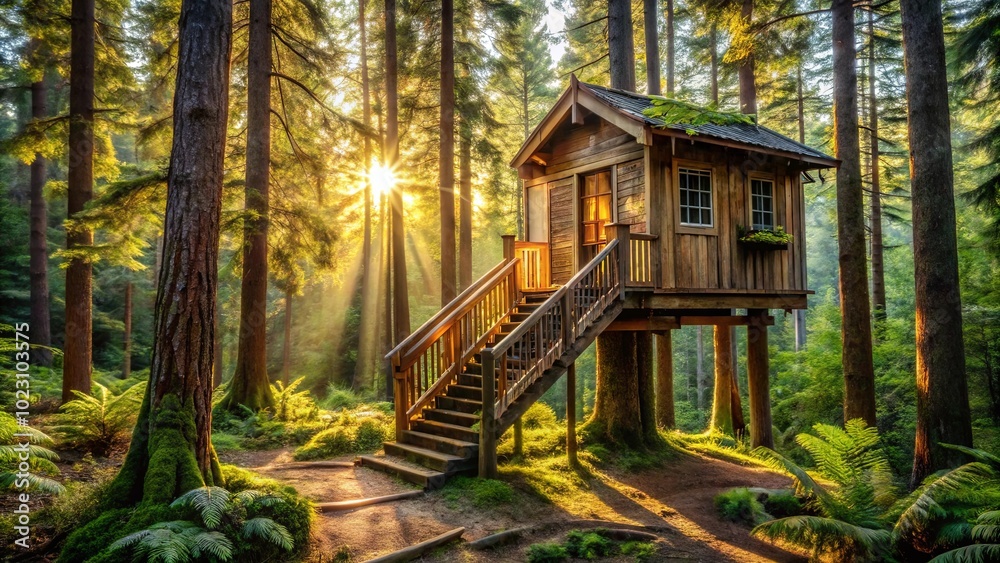 Φωτογραφία A Wooden Treehouse Nestled Among Tall Trees Bathed in the Golden Light of the Ri