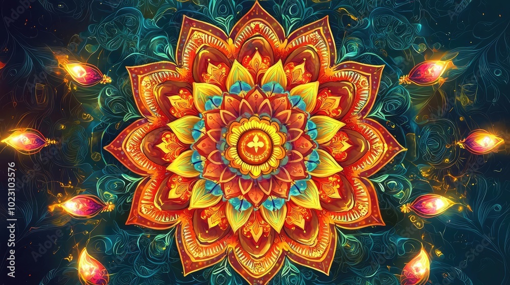 A vibrant mandala design bursting with colors, embodying harmony, spirituality, and artistic expression for diverse creative projects. A vibrant mandala design bursting with colors, embodying harmony, spirituality, and artistic expression for diverse creative projects.