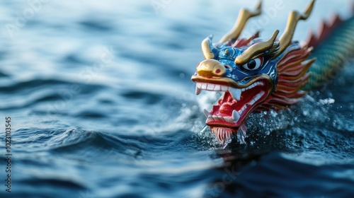 A vibrant dragon boat splashes through serene water, showcasing traditional craftsmanship and cultural significance in festival celebrations.
