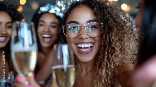 A woman with glasses beams as she raises her champagne glass  exuding joy and excitement. Her expression captures the essence of celebration with friends.