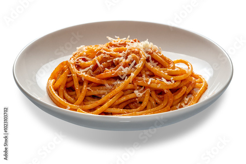 Fototapeta Naklejka Na Ścianę i Meble -  Bucatini pasta with red tomato sauce with grated cheese. Bucatini spaghetti Amatriciana with pecorino cheese in white plate isolated 