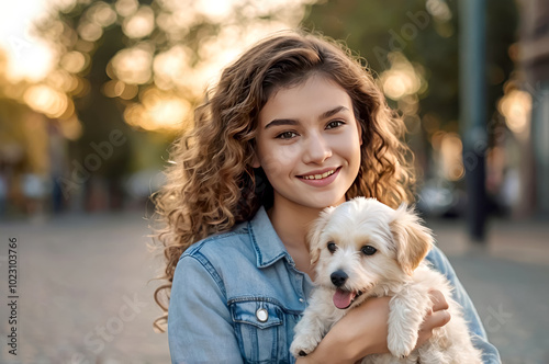 Young girl holding a small white curly dog ​​in her arms.