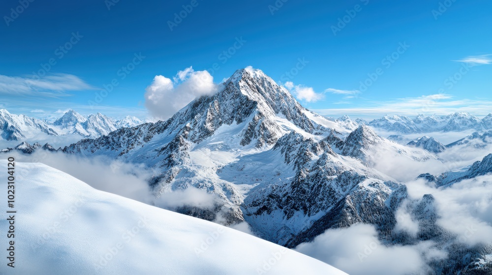 A breathtaking view of majestic snow-capped mountain peaks with a clear blue sky and scattered clouds, creating a serene and expansive landscape scene. A breathtaking view of majestic snow-capped mountain peaks with a clear blue sky and scattered clouds, creating a serene and expansive landscape scene.