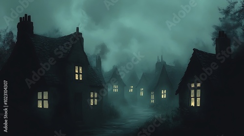 A haunted cartoon-style village at night, with misshapen houses lining foggy, silent streets. The windows glow faintly in the mist, and shadows seem to move in the fog. The village is cursed,