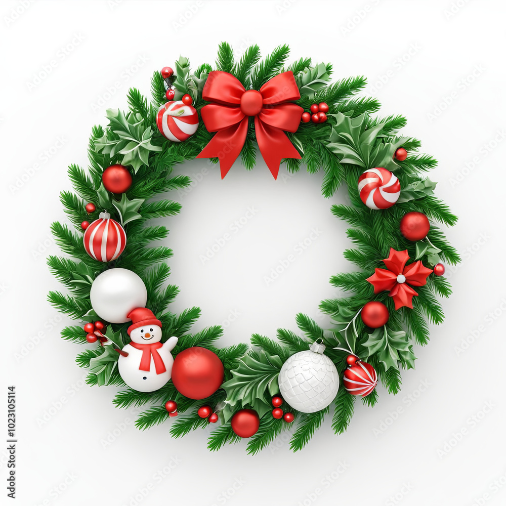 3d Icon of Christmas wreath with decorative elements in a white background 3d Icon of Christmas wreath with decorative elements in a white background