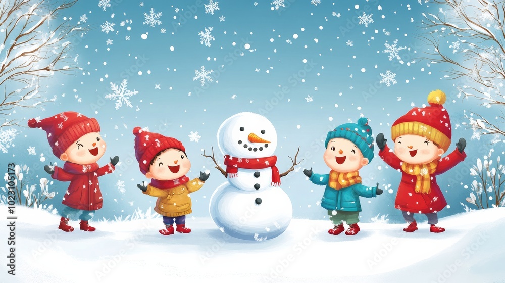Happy children outside making a snowman Happy children outside making a snowman