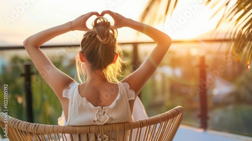 A woman sits on a loggia chair making a heart with his hands at sunrise from behind photo