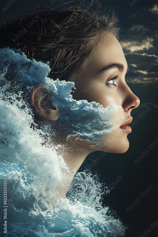 Obraz premium young woman’s profile merges with crashing ocean waves, creating surreal and captivating image. contrast of her serene expression against dynamic waves evokes sense of harmony and power