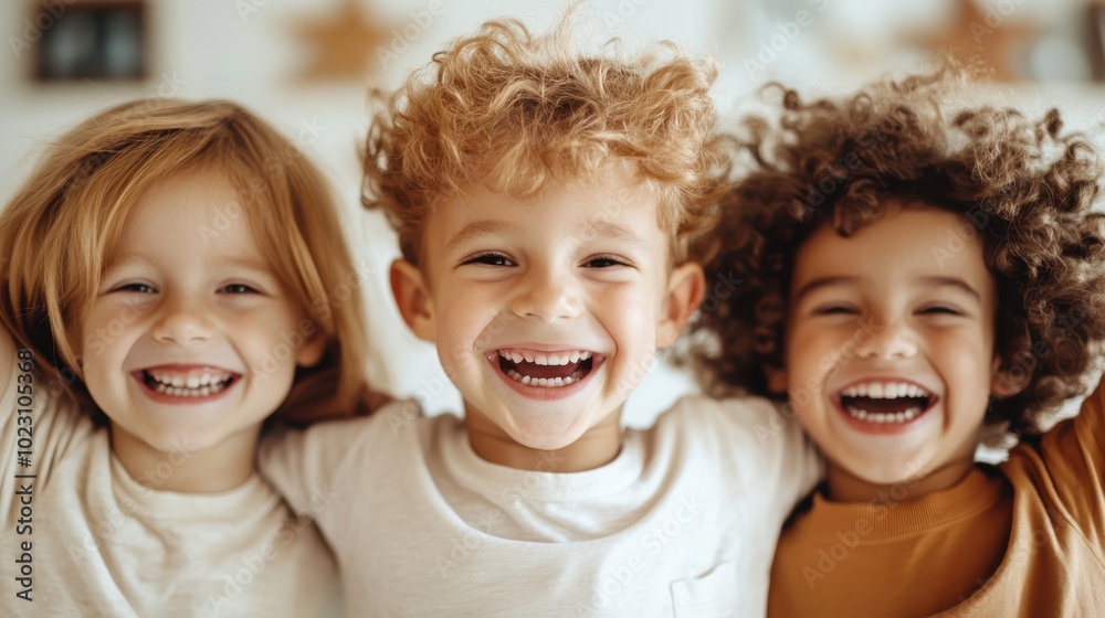 Three children with different hair colors smile brightly while hugging each other indoors, showcasing happiness, friendship, and the joy of being together. Three children with different hair colors smile brightly while hugging each other indoors, showcasing happiness, friendship, and the joy of being together.