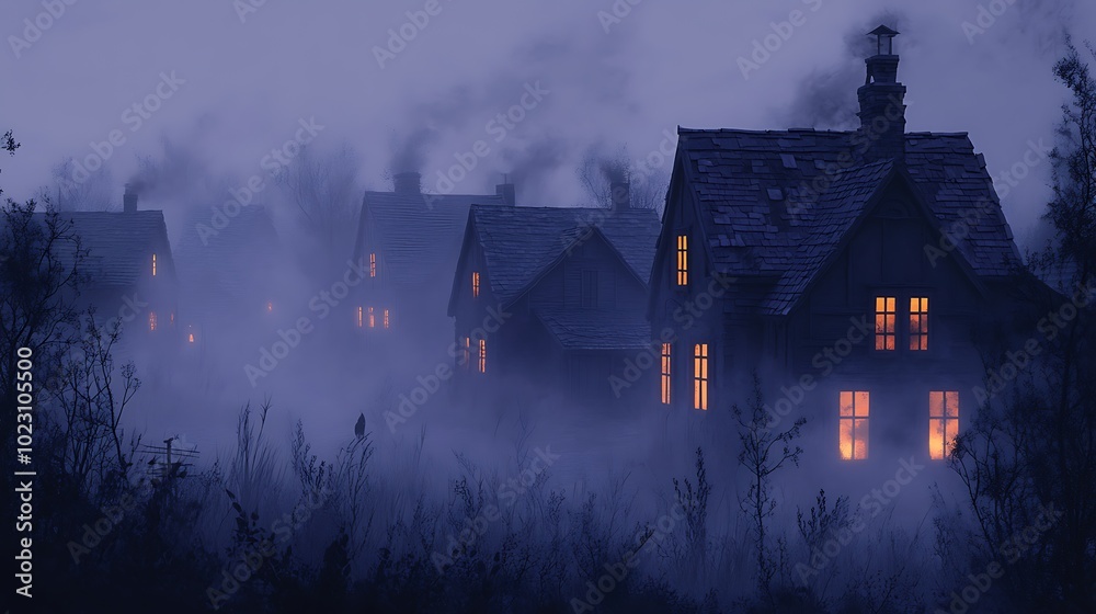 A haunted cartoon-style village at night, with misshapen houses lining foggy, silent streets. The windows glow faintly in the mist, and shadows seem to move in the fog. The village is cursed, A haunted cartoon-style village at night, with misshapen houses lining foggy, silent streets. The windows glow faintly in the mist, and shadows seem to move in the fog. The village is cursed,