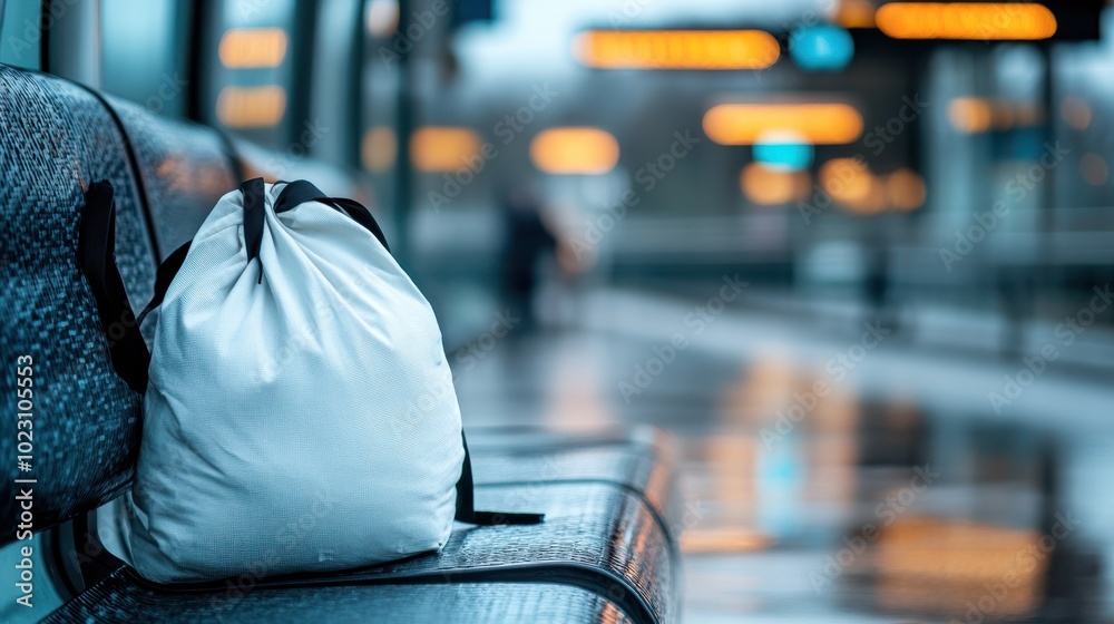 Obraz premium A solitary white bag rests on a bench in a deserted train station, with blurred lights in the background reflecting a quiet and contemplative mood.