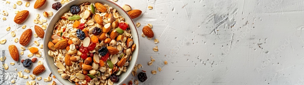 Colorful and Nutritious Muesli Breakfast Bowl with Fresh Fruits, Nuts, and Seeds for a Healthy Start to Your Day, Perfect for Food Photography and Wellness Content Colorful and Nutritious Muesli Breakfast Bowl with Fresh Fruits, Nuts, and Seeds for a Healthy Start to Your Day, Perfect for Food Photography and Wellness Content