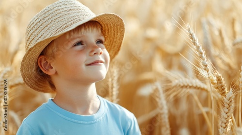 A young boy in a light blue shirt and straw hat looks up in appreciation amidst a golden wheat field, representing curiosity and the beauty of the outdoors. photo