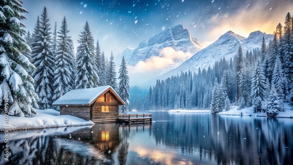 A Tranquil Winter Scene of a Small Cabin Nestled Amidst Snowy Evergreens and a Serene Lake, Framed by Majestic Snow-Capped Mountains A Tranquil Winter Scene of a Small Cabin Nestled Amidst Snowy Evergreens and a Serene Lake, Framed by Majestic Snow-Capped Mountains