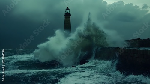 Violent ocean waves smashing into a lighthouse during a storm, showcasing the relentless power of the sea and the enduring resilience of the lighthouse against the elements 