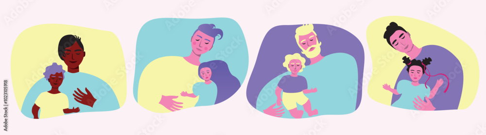 Diverse fathers with children as a fun family and leisure concept, collection of flat vector stock illustrations isolated on white Diverse fathers with children as a fun family and leisure concept, collection of flat vector stock illustrations isolated on white