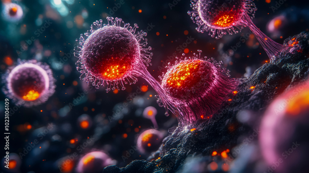 Detailed illustration of viral infection in skin-like structures Detailed illustration of viral infection in skin-like structures