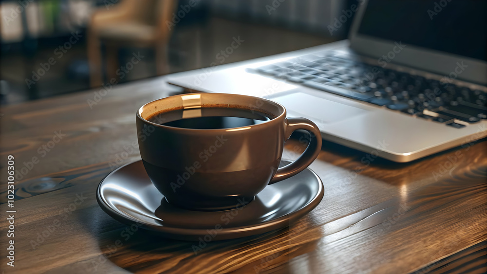 3D Glossy Coffee Cup on Polished Desk with Marketing Officer Setup - Professional High Angle Shot Ideal for Creative Marketing Environments 3D Glossy Coffee Cup on Polished Desk with Marketing Officer Setup - Professional High Angle Shot Ideal for Creative Marketing Environments