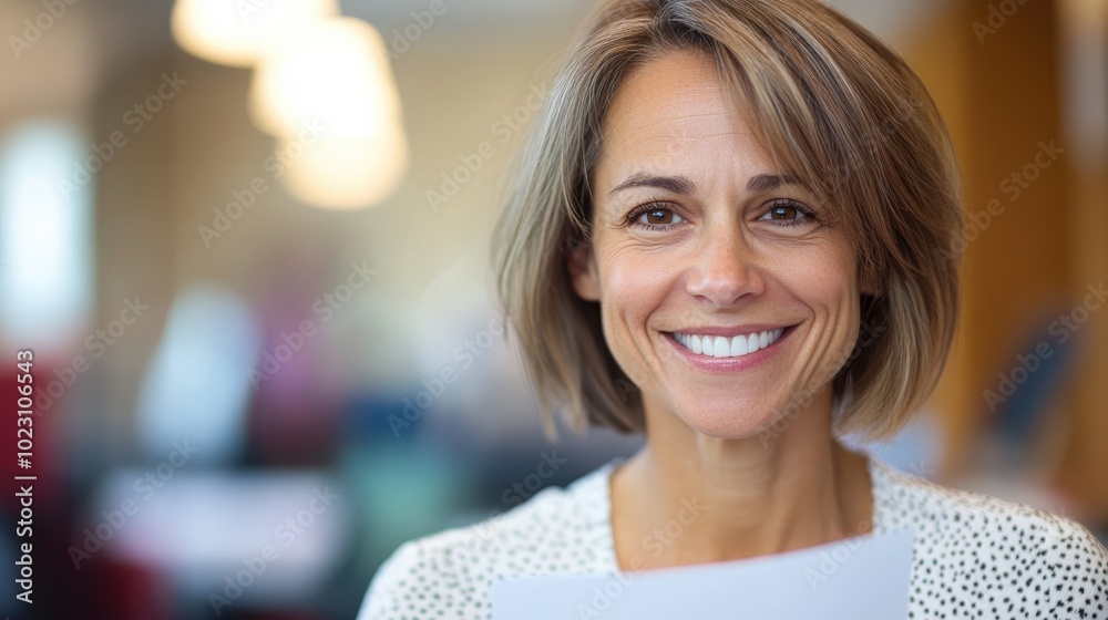 A smiling woman with a bob haircut and chic glasses holds a paper in a vibrant indoor setting, captured with natural lighting and a bright background. A smiling woman with a bob haircut and chic glasses holds a paper in a vibrant indoor setting, captured with natural lighting and a bright background.