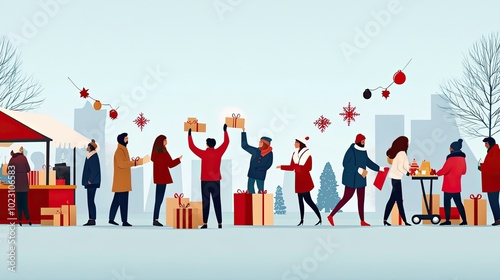 A vibrant holiday market scene with cheerful people exchanging gifts, surrounded by colorful decorations and festive atmosphere.