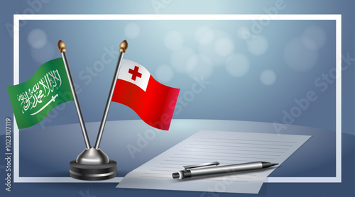 Saudi Arabia and Tonga Small national flag on bokeh background, cooperative relationship