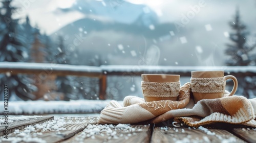 Two cups of hot coffee and a blanket on the top edge of wooden bridge on winter mountain background photo