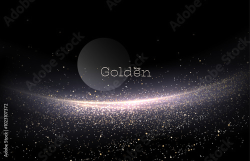 Isolated beautiful golden arch with shiny tinsel on black background.