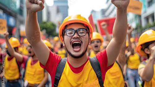 A vibrant protest scene showcasing enthusiastic workers wearing safety helmets and expressing solidarity through powerful chants. photo