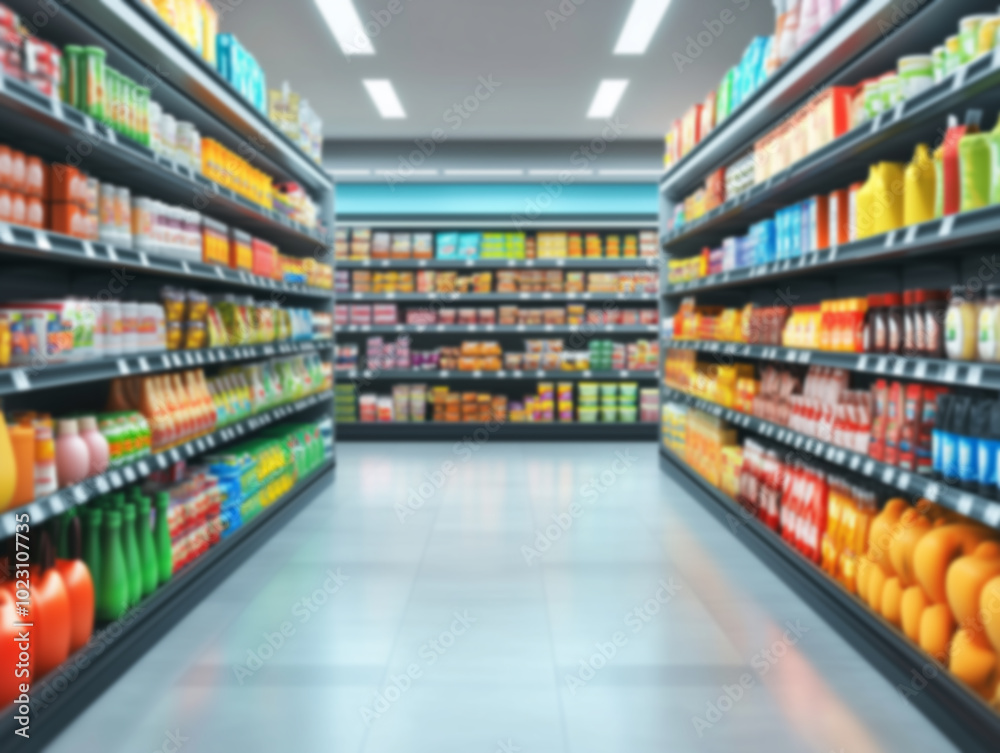 Aisle view of a grocery store filled with various colorful products in organized shelves during daylight hours Aisle view of a grocery store filled with various colorful products in organized shelves during daylight hours