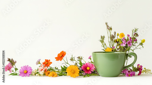 An elegant green cup of herbal tea set against a pure white background, adorned with colorful flowers scattered around.