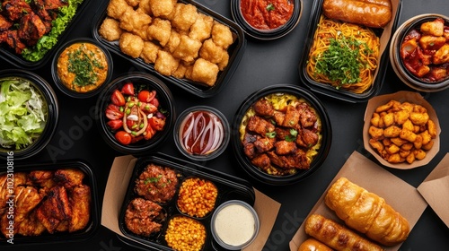 A vibrant spread of delicious takeout meals featuring various cuisines and colorful ingredients in black containers.