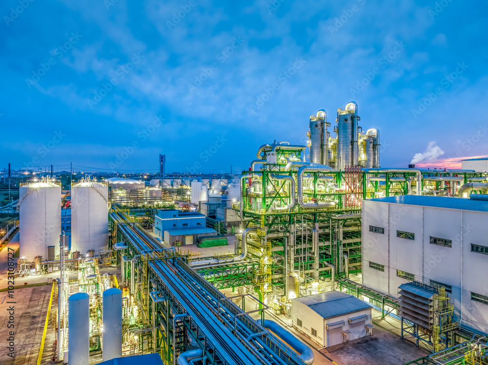 Oil refinery chemical plant industrial equipment buildings at night Oil refinery chemical plant industrial equipment buildings at night