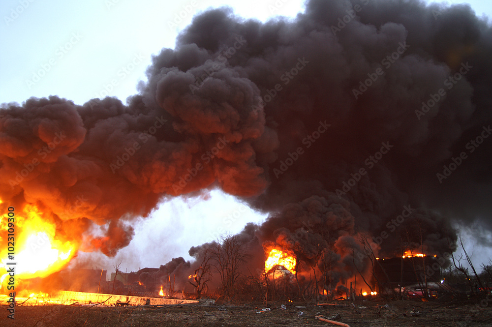 Fototapeta premium Buncefield oil storage facility explosion and fire 2005 disaster zone