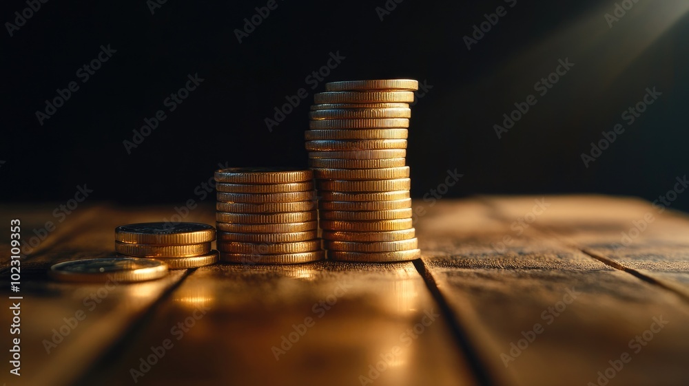 Stacks of gold coins arranged on wooden surface under soft lighting Stacks of gold coins arranged on wooden surface under soft lighting