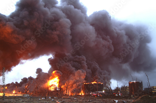 Buncefield oil storage facility explosion and fire 2005 disaster zone photo