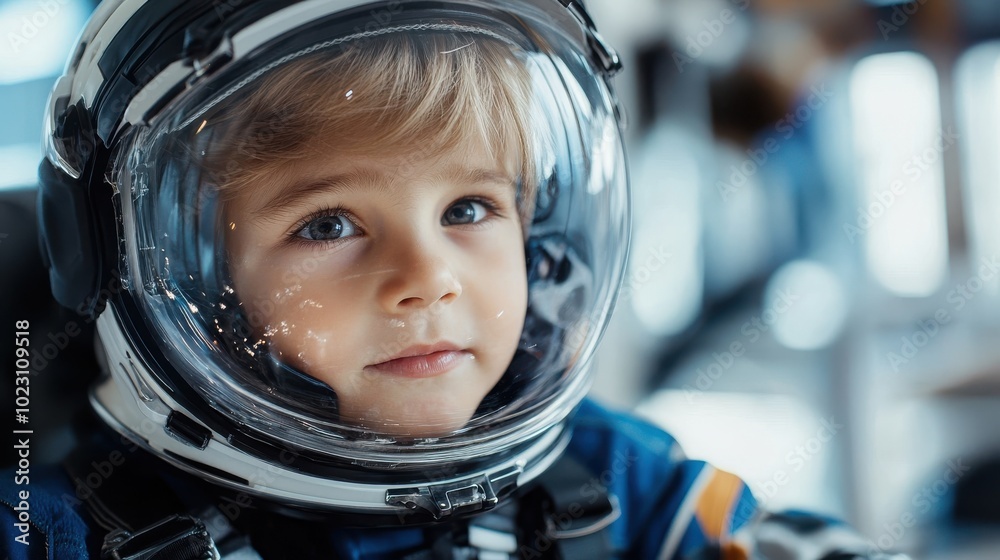 A boy in a spacecraft setting dons a reflective helmet, deep in thought, highlighting the imaginative potential and dreams of exploration, adventure, and curiosity. A boy in a spacecraft setting dons a reflective helmet, deep in thought, highlighting the imaginative potential and dreams of exploration, adventure, and curiosity.