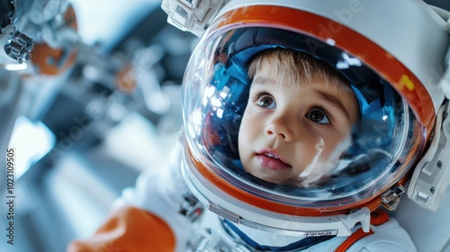 A young child wears an astronaut suit with an orange helmet, gazing intently at something, capturing the wonder and innocence of youthful exploration. photo